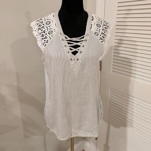 Maurices Black and White Striped Lace-Up Blouse Size L New No Taf
